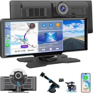 Apple Carplay Screen for Car, 10.26 Wireless CarPlay & Android Auto Screen with 4K Dash Cam, 1080P Backup Camera, Car Play Audio Receivers, GPS Navigation/Mirror Link/Bluetooth/FM/Voice Control