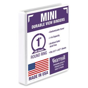Samsill Economy 1 Inch Mini 3 Ring Binder, Round Ring Binder, Non-Stick Customizable Cover, 1" View, Single, White