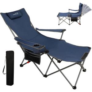 Colorsoul Reclining Camping Chair w/Foot Rest, Adjustable 90- 135 Lounge Beach Chair for Adults, Heavy Duty Outdoor Folding Chairs w/Padded Pillow, Cup Holder, for Patio Beach, Supports 350lbs,Blue