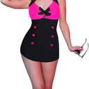 Ekouaer Womens One Piece Swimsuits Vintage Striped Skirt Bathing Suit Vintage Retro Push Up Swimwear (Black, XL)