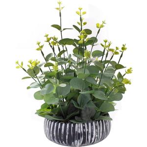 Artificial Plants Potted Real Looking Small Faux Plant with Rustic Black Cement Planter for Kitchen Office Desk Bookshelf Decor (Eucalyptus Plant)
