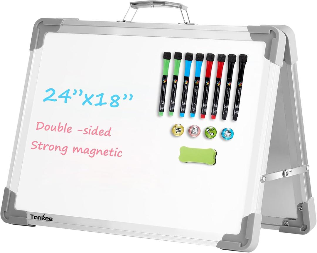 TANKEE Whiteboard 18x24 Inches Double Sided Magnetic Dry Erase Board with Stand, Foldable Desktop Tabletop White Board Easel Portable Whiteboard for Classroom Homeschooling Home Office School Teacher