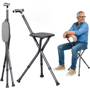 Alloy Folding Cane with Seat, Lightweight Adjustable Walking Cane with Seat, Cane Seat with LED for Seniors, Cane Chair for Woman/Man,Anti-Slip Walking Stick for Seniors