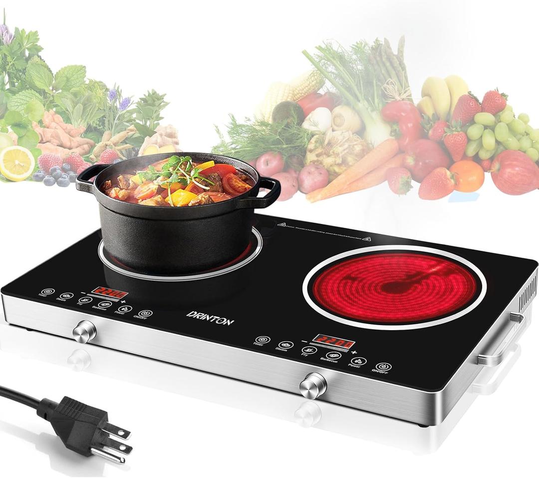 2 Burner Electric Cooktop, 2200W+2200W 110V Electric Double Burner with 3H Timer, Adjustable Temperature for Countertop Cooking, Portable Stove Top Infrared Cooker, Compatible for All Cookware