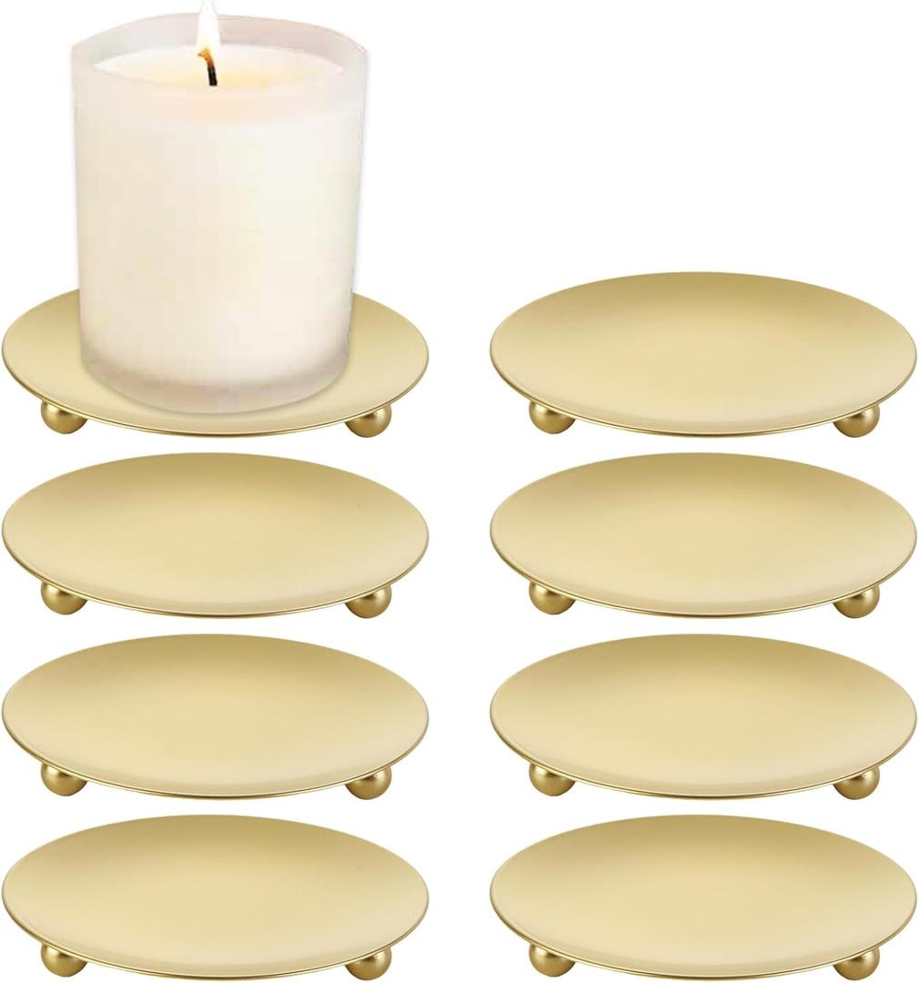 CYEAH 8 Pcs Gold Decorative Iron Plate Candle Holder, 4 in Candle Stand Candle Plate, Small Candle Tray, Iron Candle Holder Plate Metal Candle Stand for Coffee Table Decor, Wedding, Party, Home Decor