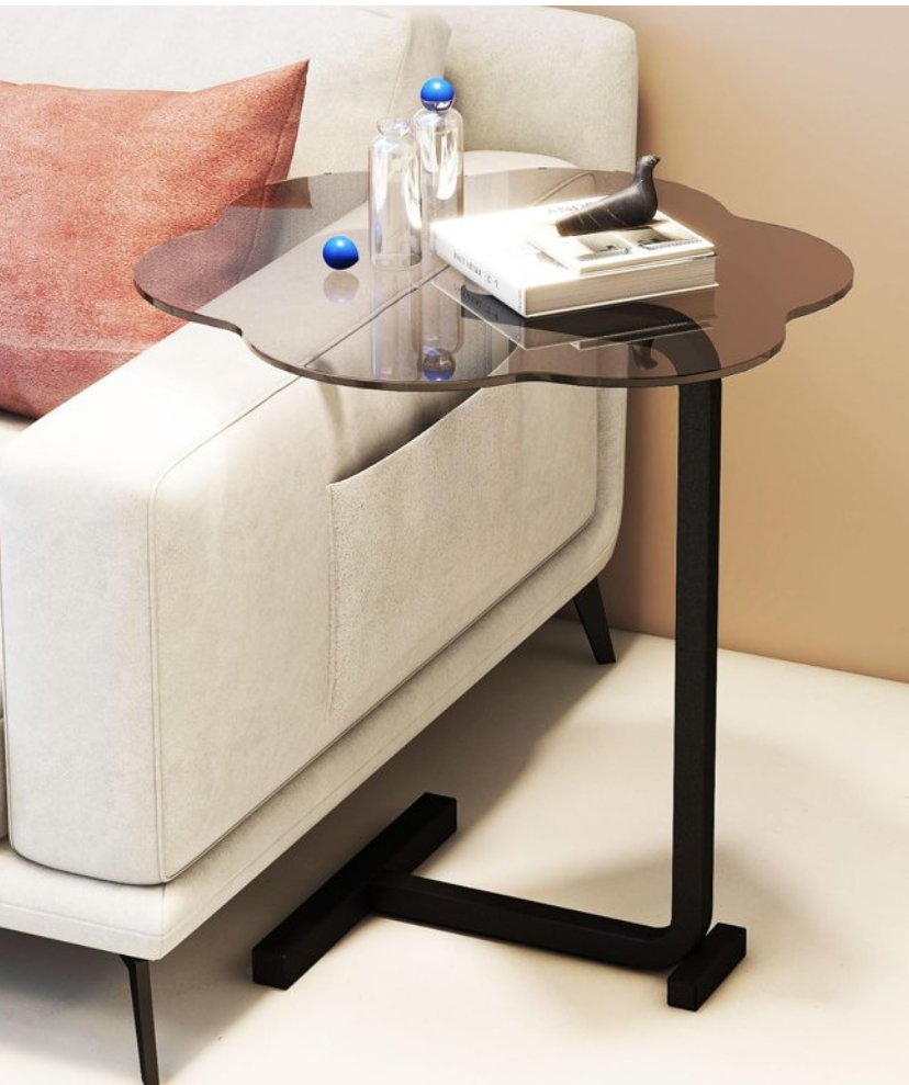 Glass C Table, Clear C Shaped End Table for Couch and Bed, Small Couch Side Tables That Slide Under, C Shaped Tempered Glass Snack Coffee Table for Small Spaces, Flower & Round Shaped(Flower black)