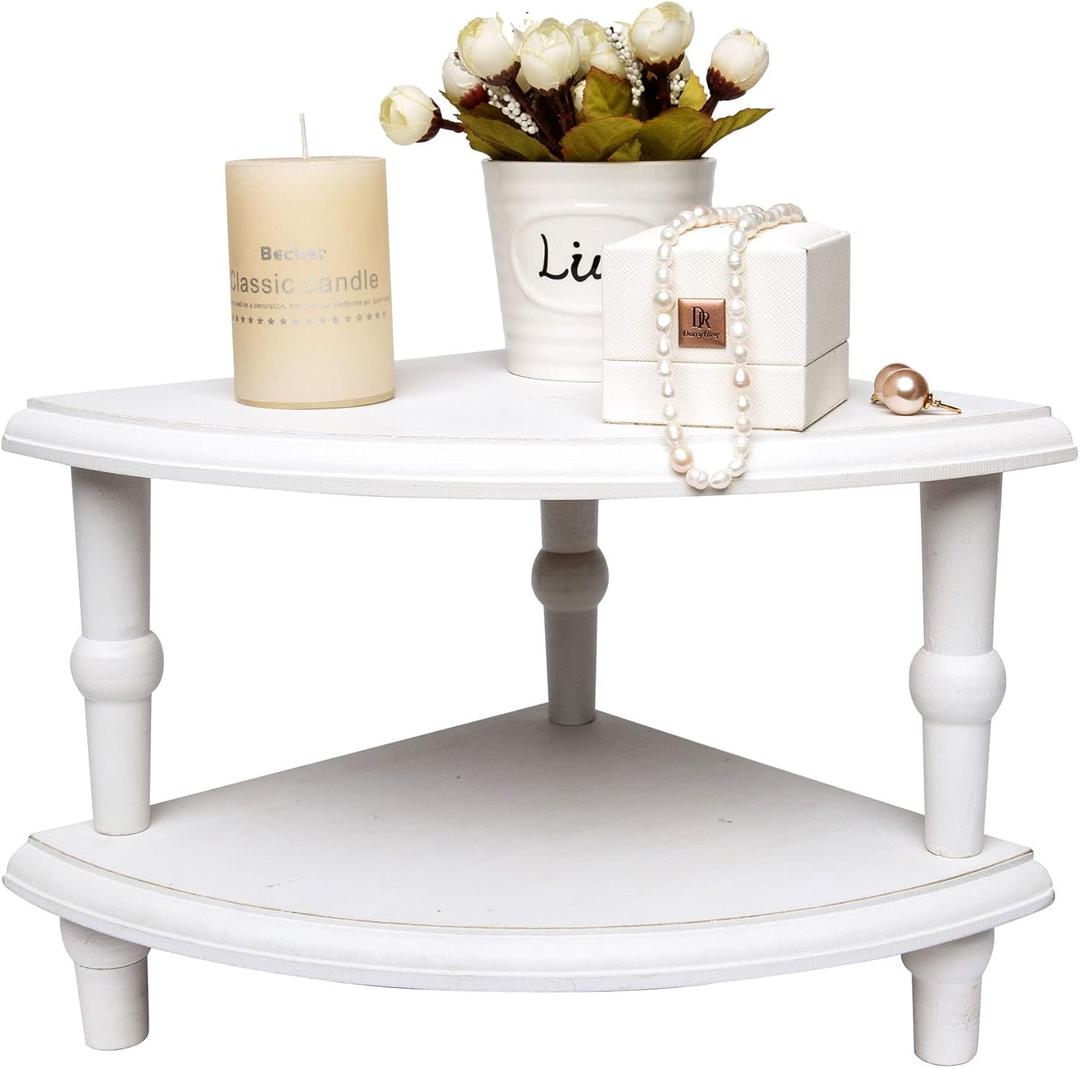 Wood Corner Counter Shelf,Rustic Pedestal Stand,White Sector Farmhouse Corner Shelves,Stackable Countertop Bathroom Organizer, Tray Riser for Coffee Bar Table and Kitchen Counter Decor  (9.5" White)