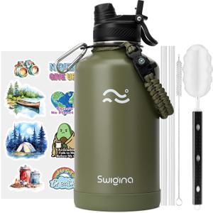 [2-IN-1 LID] 64 oz Insulated Water Bottle with Silicone Boot (48hrs Cold/24hrs Hot) - DIY Stickers, Leakproof, BPA Free, Half Gallon (Army Green)
