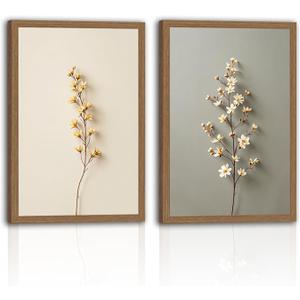 2Pcs Framed Canvas Art Prints –Elegant Floral Branches on Soft Backgrounds Inches – Minimalist Wall Decor for Living Room Bedroom or Office 16x24in