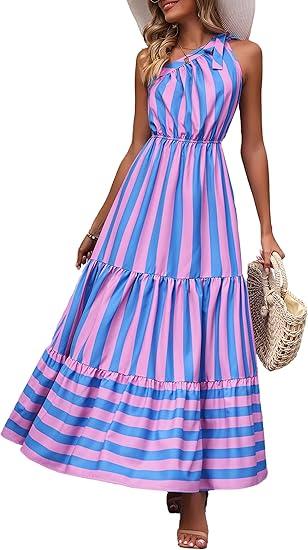 PRETTYGARDEN Women's Summer Floral One Shoulder Maxi Dress Knot Ruffle Boho Beach Vacation Wedding Guest Long Dresses, Blue Pink Stripe, S