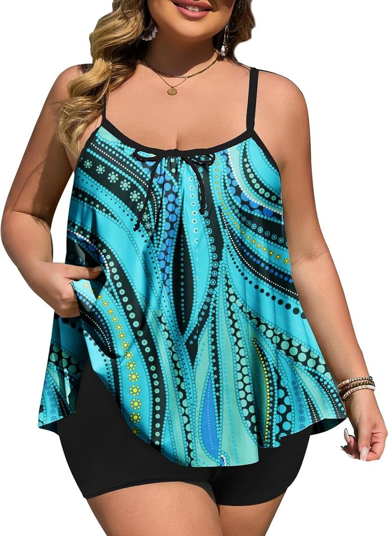 Summer Mae Plus Size Swimsuits for Women Two Piece Tankini Sets Tummy Control Bathing Suit Swimwear with Shorts (Flowing Water Pattern) 22 plus