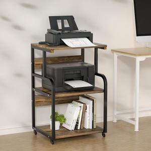 Large Printer Stand with 3-Tier Wood Storage Shelves -Multi-Purpose Desk Organizer- for Printer Scanner Fax Home Office Use with Wheels (Rustic Brown)