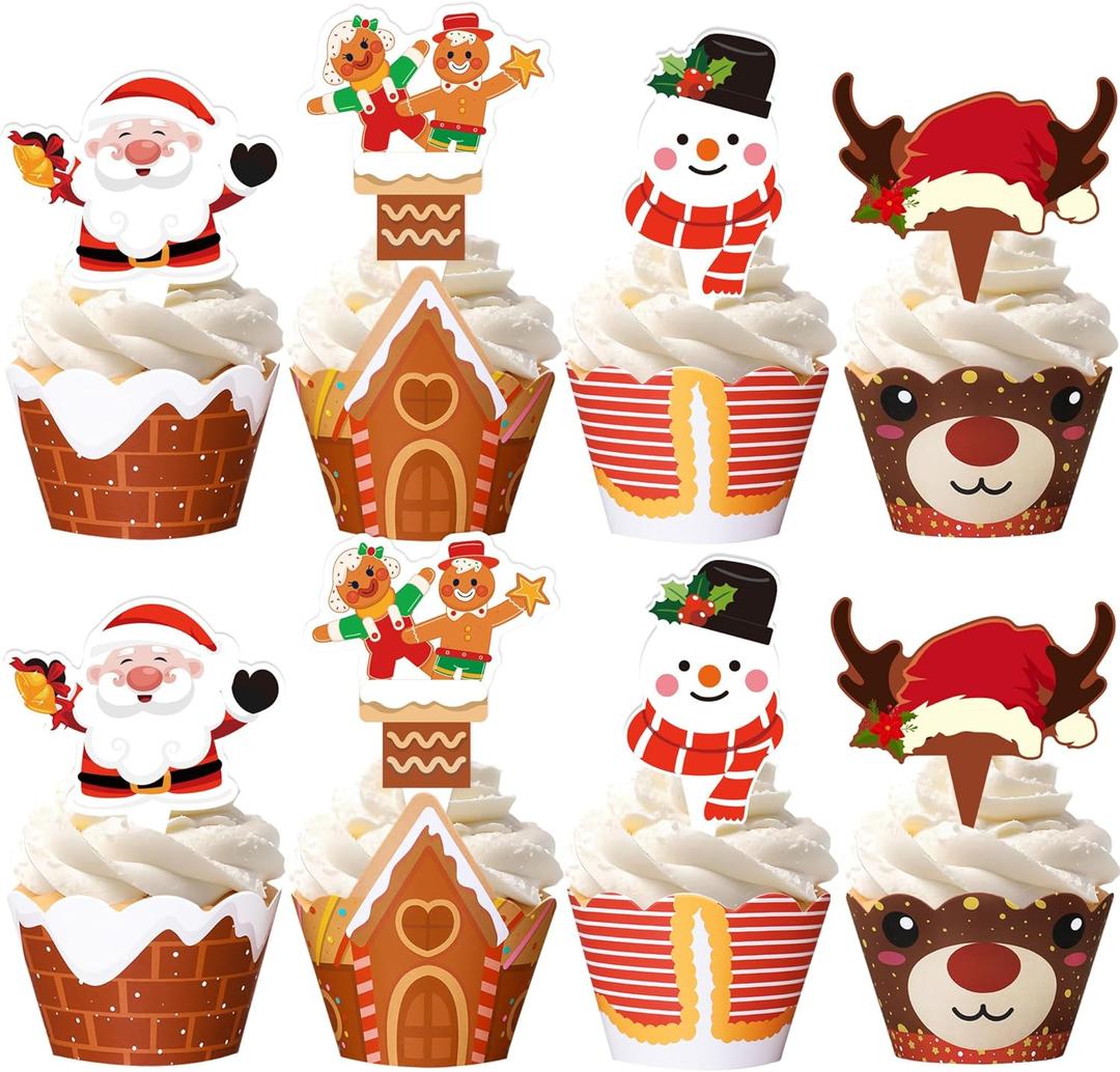 48 Pcs Christmas Cupcake Toppers and Wrappers Double Sided Cupcake Decorative Picks Christmas Party Supplies 4 Designs Include Santa Claus Gingerbread Man Snowman Reindeer