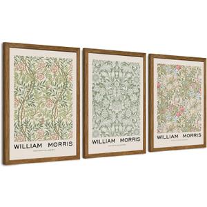 JLTULT 3 Piece Wood Frames Vintage Floral Canvas Wall Art, William Morris Flower Pattern Wall Decor, Nature Botanical Picture Artwork Prints for Living Room Bedroom Office 12x16 inch Easy to hang