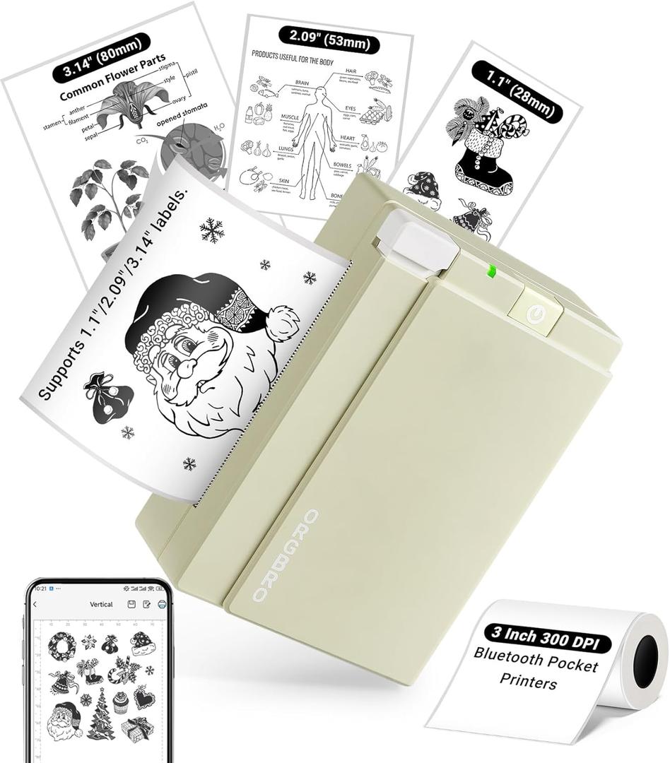 ORGBRO Sticker Printer Machine, X3 Mini Printer Print Pods Portable Thermal Inkless Sticker Maker, 2-3 Inch 300 DPI Bluetooth Pocket Printers for Smartphones, Notes, Journal, Photos, DIY, Kids Gift (Olive Green)