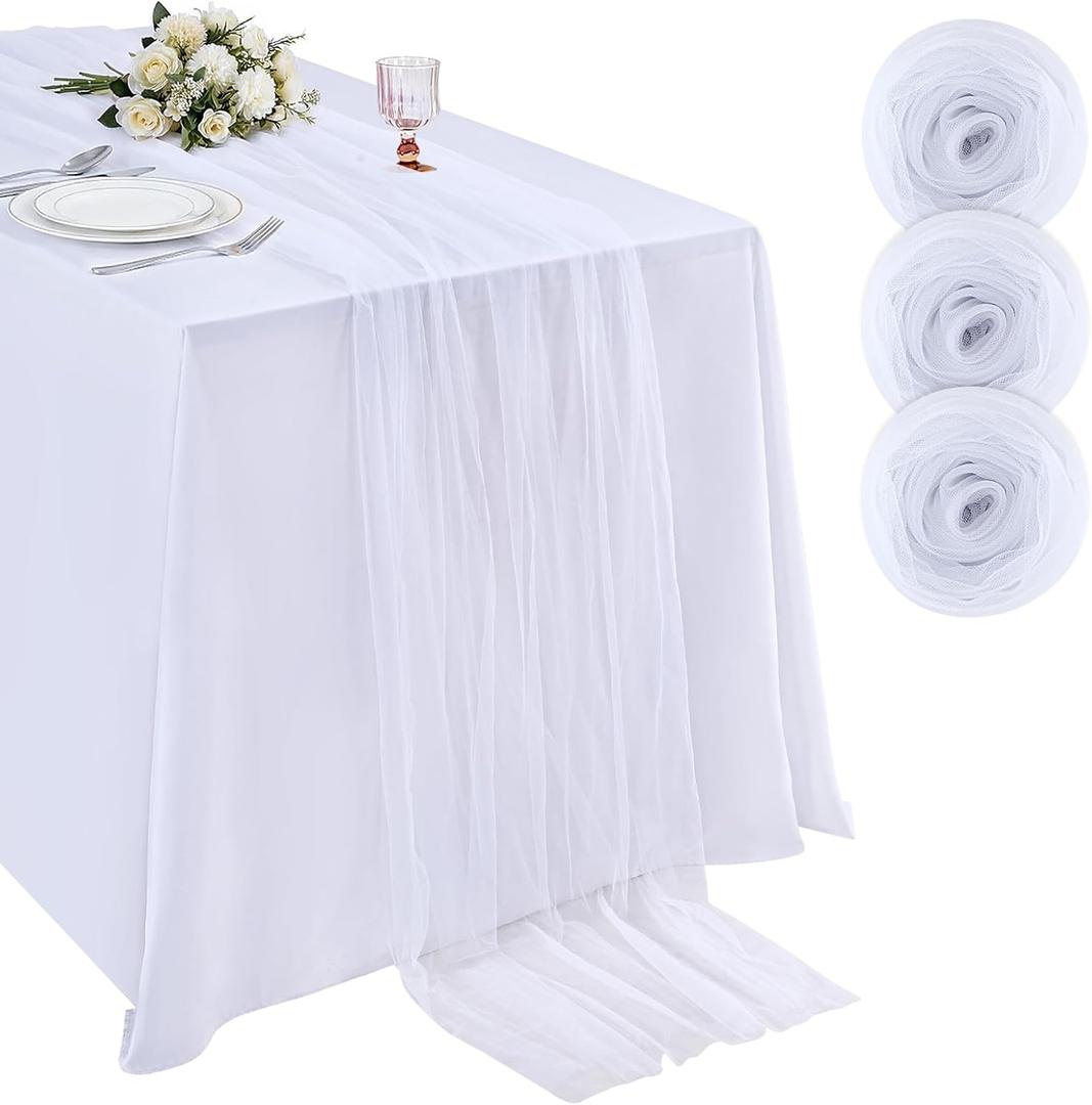 White Gauze Table Runner Tulle Fabric 10ft 120 Inch Seasonal Sheer Kitchen Dining Centerpieces Wedding Birthday Holiday Baby Shower Table Decor for Home Party, 3PCS