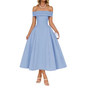 ZESICA Summer 2026 Cocktail Dresses for Women's Off Shoulder Short Sleeve Swing A Line Wedding Evening Party Midi Dress Blue X-Large
