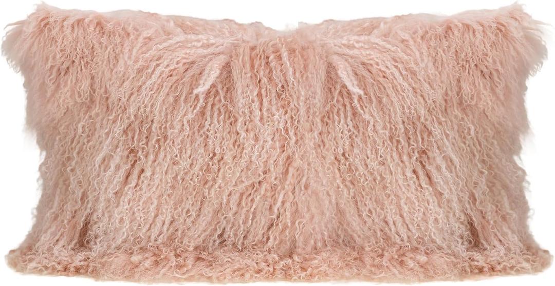 MOOX Mongolian Lamb Fur Pillow Covers Lumbar Throw Sheepskin Pillow Case Genuine Wool Fur Tibetan Accent Living Room Bedroom Decorative Cushion Cover (12 x 20inch Pink)