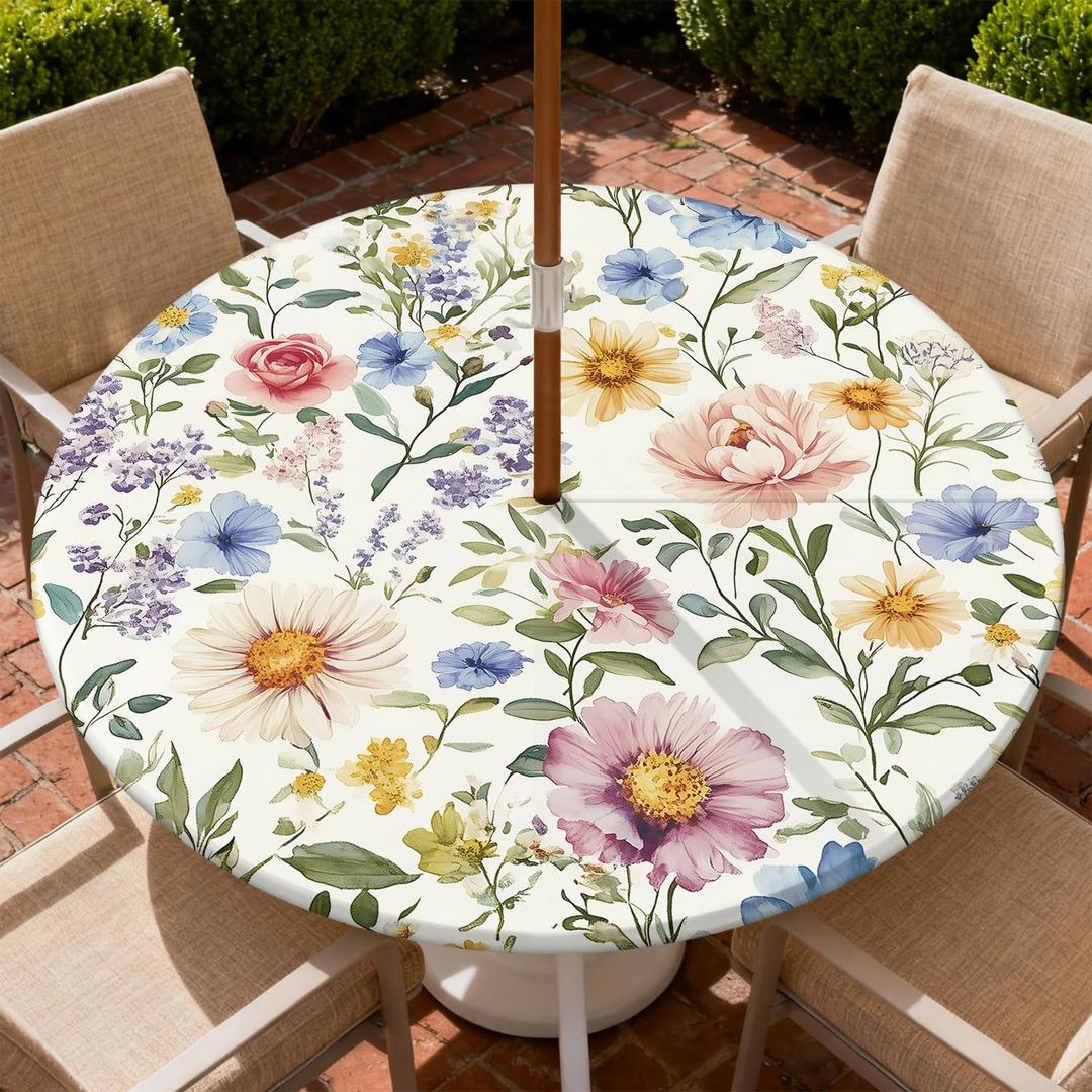 Yesad Round Outdoor Tablecloth with Umbrella Hole, Zippered Fitted Tablecloth with Elastic Edge, Waterproof Table Cloth Cover for Picnic Party Fits 53"-60" Round Table, Colorful Wildflower