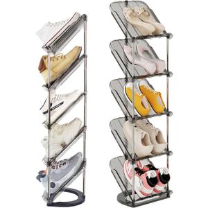 Patinao Sloping Narrow Shoe Rack 5 Tiers - Free Standing Vertical Shoes Racks for Small Spaces and Corner, Shoe Storage Organizer for Entryway, Tall Slim Shoe Shelf Cabinet for Shoes and Boots