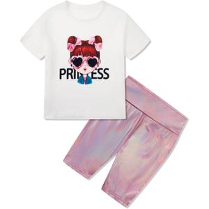 Girls Summer Outfits Cute Graphic Crewneck Short Sleeve T Shirts and Biker Shorts Set Colorful Athletic Outfit 4-12T (White)