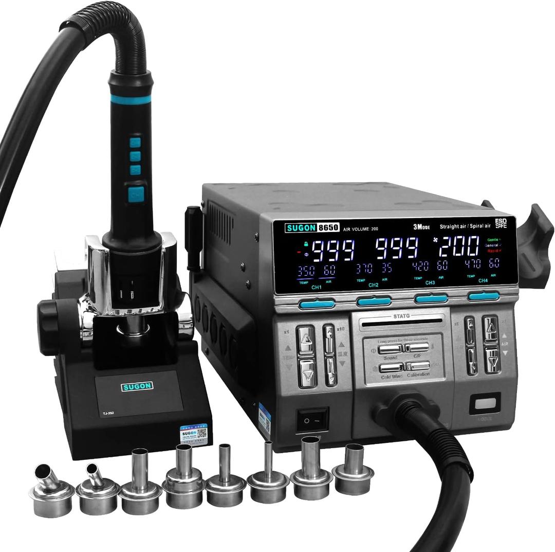 SUGON 8650 Hot Air Rework Station 1300W,3 Different Heating Modes,/, Temperature 212F-999F,8 Air Nozzles, Air Volume 1-200,4 Temperature Memory Storage, Automatic Sleep, Nozzle Replacement Bracket