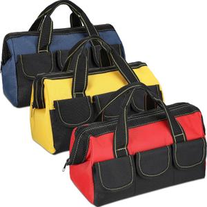 Sanwuta 3 Pack Tool Bag for Men with Waterproof Hard Bottom, Heavy Duty Tool Bag Wide Mouth Tote for Various Instrument, Electrician Carpenter Mechanic(16 Inch,Blue, Red, Yellow)