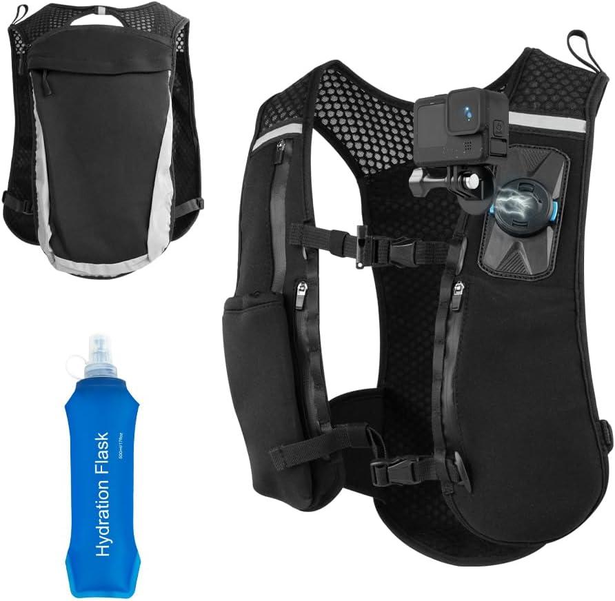 SUREWO Running Hydration Vest Backpack with Magnetic Backpack Shoulder Strap Mount Compatible with Gopro Hero 13/12/11/10/9/8/7 Black,DJI Osmo Action 5 pro/4/3 and More