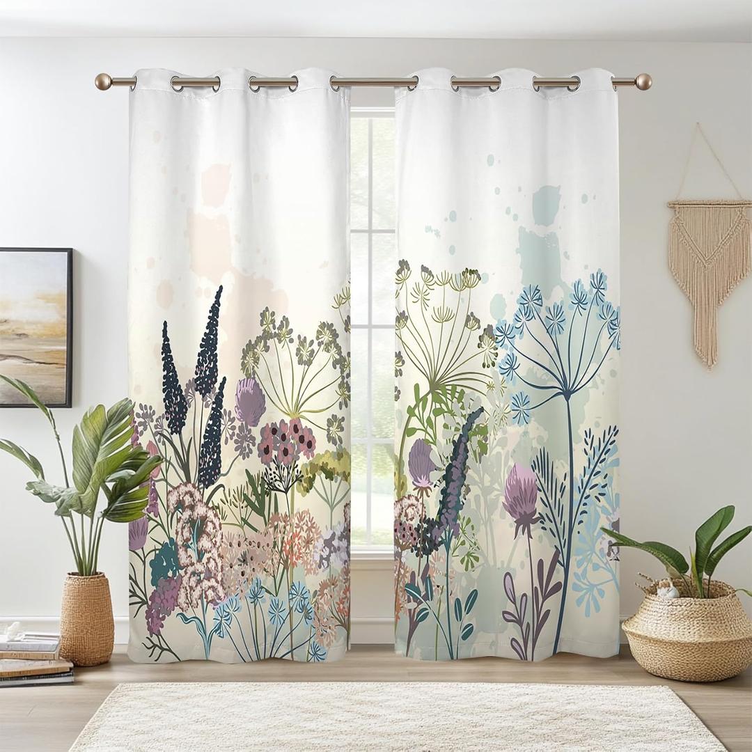 Renaiss Wildflowers Blackout Curtains Vintage Botanical Floral Plant Thermal Insulated Window Drapes for Bedroom 29W x 55L inches 2 Panel Set Window Curtain Panels for Kitchen