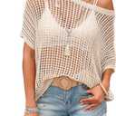Verdusa Women's Off The Shoulder Knit Top Crochet Summer Sweaters Hollow Out Beach Cover Up (Beige, L)