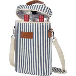 Tirrinia 2 Bottle Insulated Bottle Tote Carrier - Leakproof, Padded Cooler Bag for Travel, BYOB, Tasting, Parties -  Striped (2 Bottle-without front pocket)