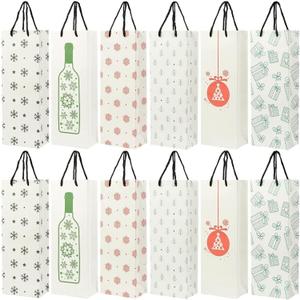 BLUE PANDA 24 Pack Christmas Wine Gift Bags with Handles - 6 White Winter Xmas Designs - Christmas Wine Bags for Wines Bottles Present, Winter Holiday Season Gathering Party, 15.3 x 3.2 x 5.5 Inch