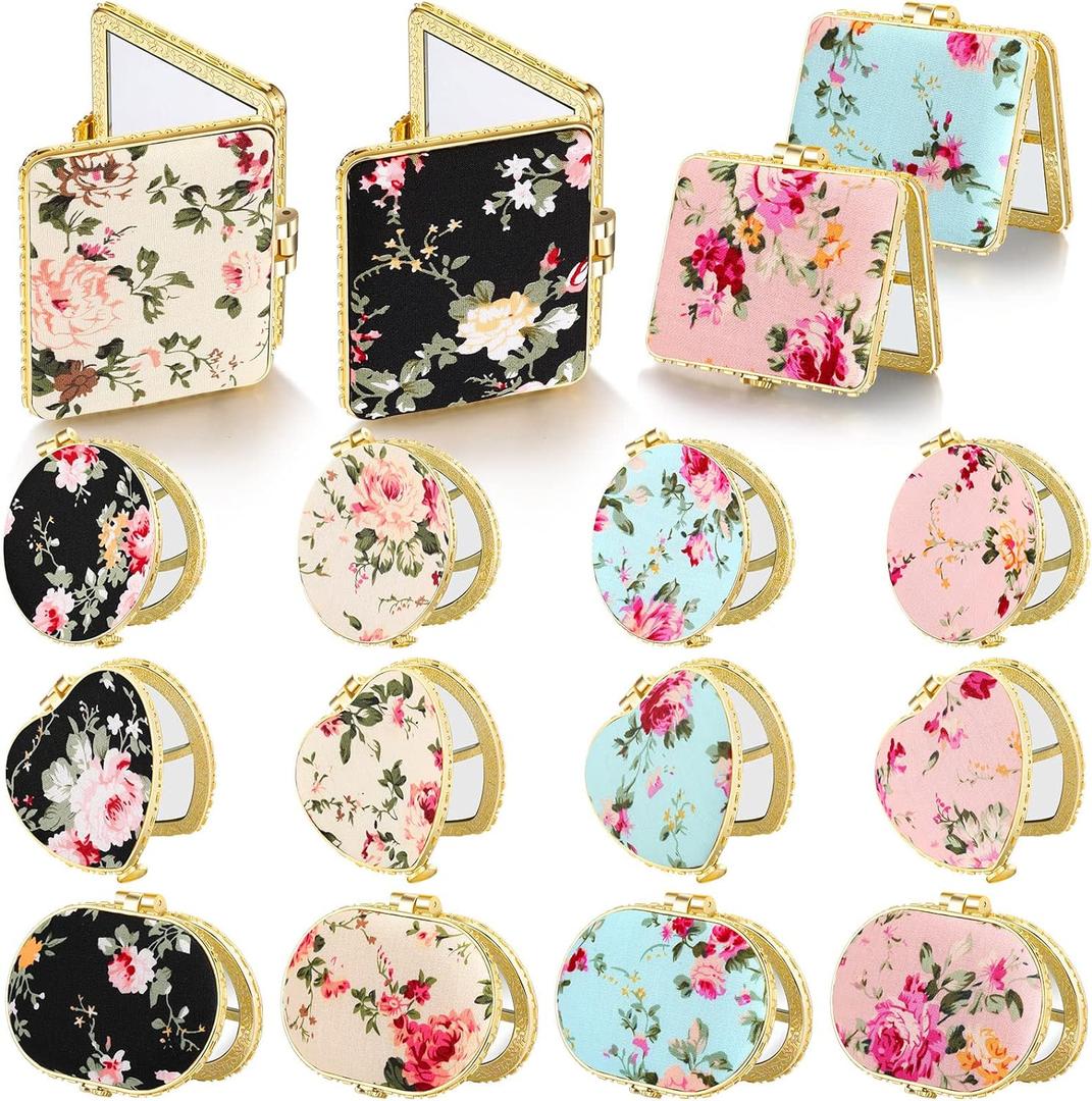 Blulu 16 Pcs Compact Mirrors for Purse Bulk Small Flower Pocket Mirror Vintage Portable Floral Folding Tea Party Favors Return Christmas Gifts for Women Birthday Wedding Makeup Travel(Gold Edge)