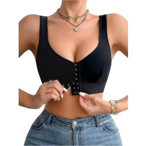Verdusa Women's Front Closure Bra V Neck Unpadded Wireless Bra (Black, M)