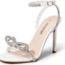 DREAM PAIRS Women's Double Bowknots Crystal Sandals Clear Slingback Heels Square Toe Shoes for Party Wedding (6, White)