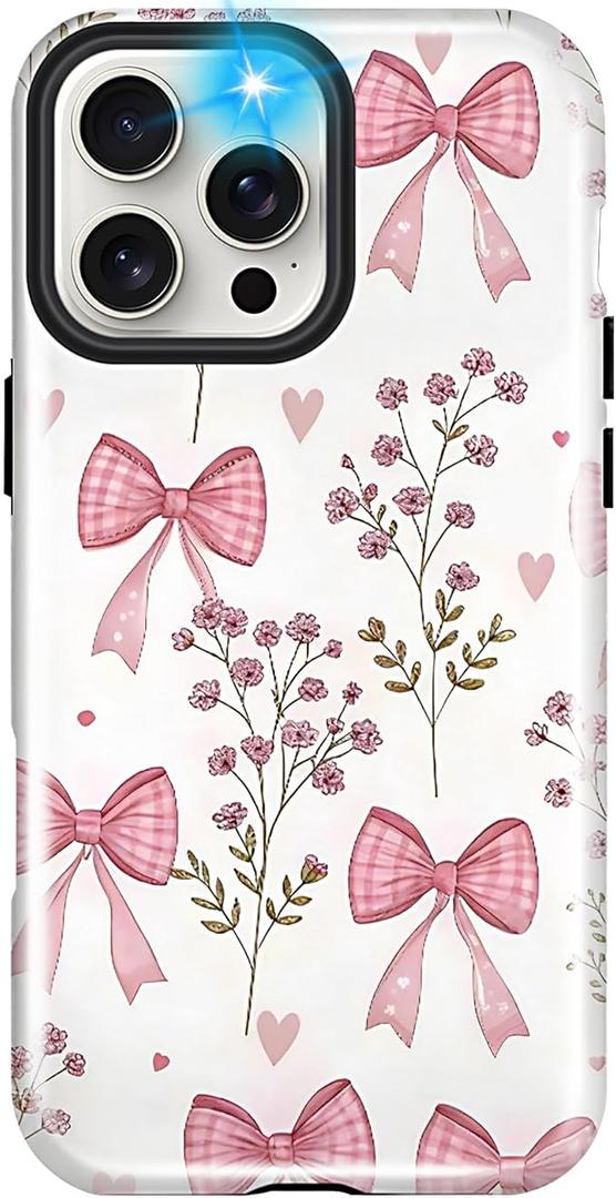 SOGCASE Girls Cute Case for iPhone 16 Pro Max, Bow Flower Women Phone Cases | Dual-Layer Shockproof Protection