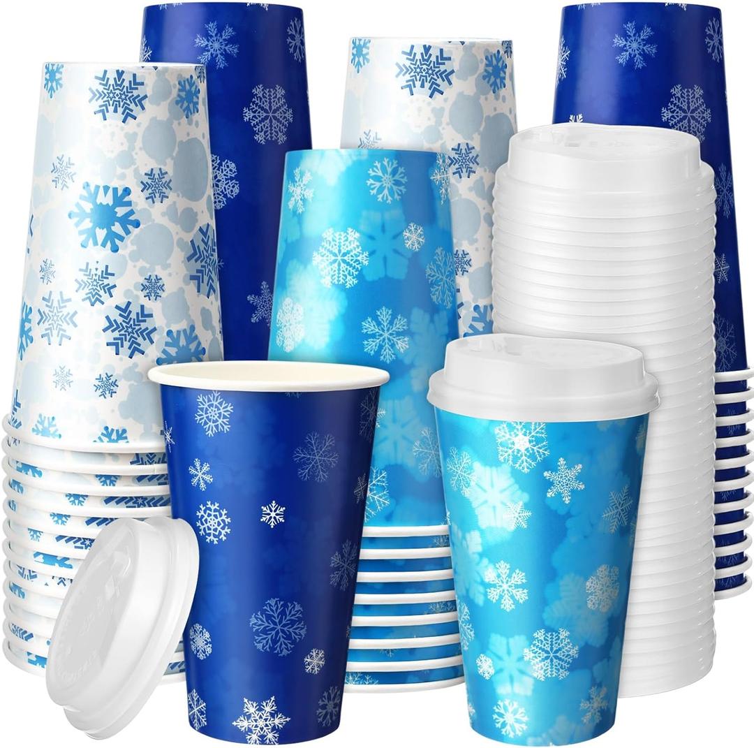 Jingmore 60 Pcs Disposable Snowflake Coffee Cups with Lids Winter Coffee Cups Bulk Insulated Drinking Tea Paper Drinkware for Winter Holiday Travel Home Party Supplies (16 oz)