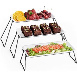 3 Tier Serving Tray Stand, Tiered Serving Platters Dishes with Collapsible Stack Stands, Reusable Serving Tray for Food Veggie Fruit Dessert Cupcake Appetizer, Party Catering Supplies, White 