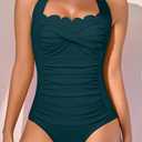 Eomenie Women One Piece Tummy Control Swimsuit Halter Scallop Trim Bathing Suits 1 Piece Vintage Ruched Slimming Swimwear (Teal, S)