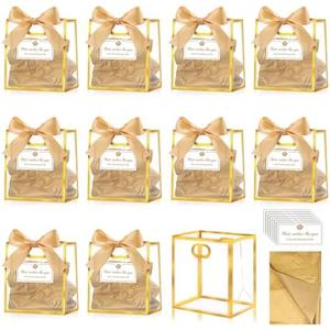 Tenare 12 Pack 4×2.8×4.5 Inch Easter Mini Clear Plastic Gift Bags with Handles Wedding Extra Small Transparent Party Favor Bags Bulk with Ribbon Tissue Paper for Easter Party Supplies(Gold)