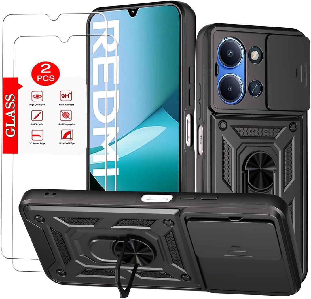 For Xiaomi Redmi 15C Case with [2 Pack] Tempered Glass Screen Protector, for Redmi 15C 4G/5G [Military-Grade] Protectivewith Lens Protects Magnetic Kickstand Car Mount Holder Case