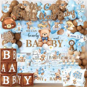 Blue Bear Baby Shower Decorations for Boy, All-in-1 Bear Party Decorations with Balloon Arch Kit Wood Grain Baby Boxes Plates Napkins Cake Toppers Tablecloth Backdrop Blue and Brown Baby Shower Decor