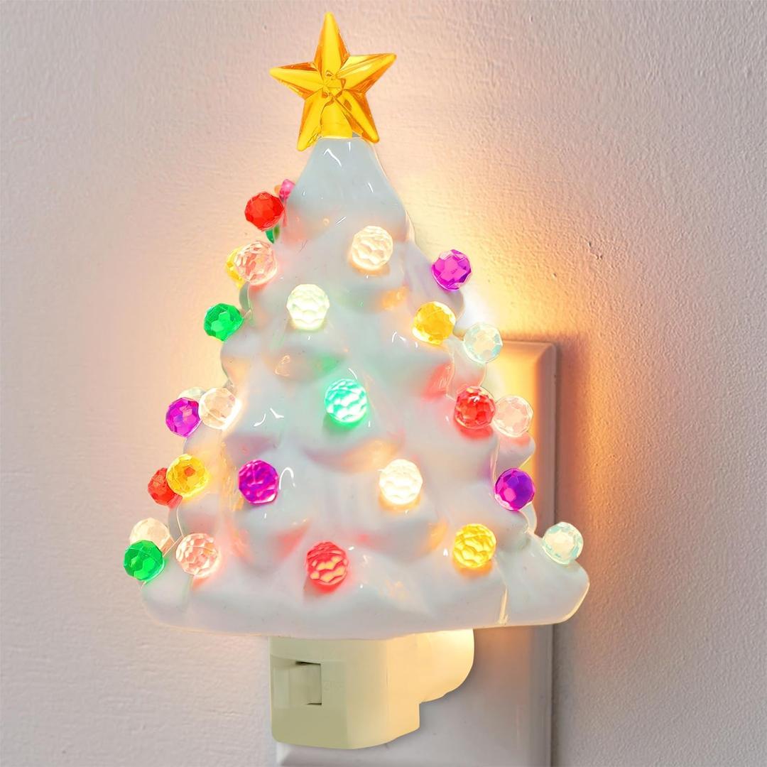 Hausse White Christmas Tree Night Light, Decorative Ceramic Xmas Tree Nightlight with Lamp for Kids, Multicolor Bulbs & 360 Degree Swivel Plug with On/Off Switch for Kitchen Bathroom Bedroom Decor