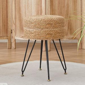 Vanity Makeup Stool, Hand Weave Natural Seagrass Footstool Ottoman, Modern Multifunctional Vanity Stools Chair, Foot Rest Dressing Stool with Metal Leg, Natural Color