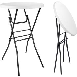 pollilar Cocktail Table 28in Portable Folding Bar Height Table, Compact Round High Top Plastic & Steel Bistro with Removable Legs, for Indoor Outdoor RV Patio Catering Parties Commercial Events-White
