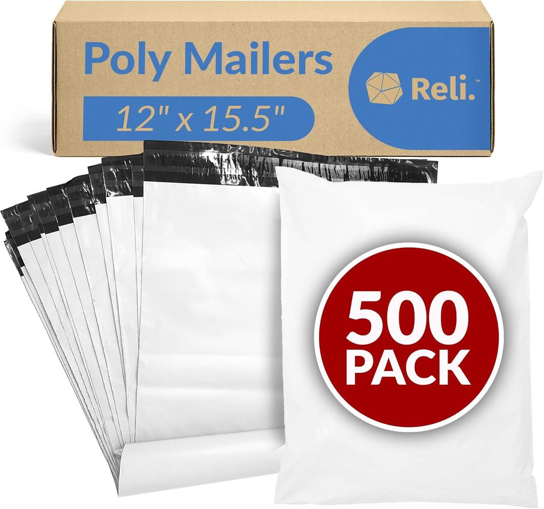 Reli. Poly Mailers 12x15.5 | 500 Pcs Bulk | Shipping Envelopes | White Packaging Bags for Shipping | Non-Padded Polymailers, Self Sealing Mailing Bags for Clothing, Bulk (White)