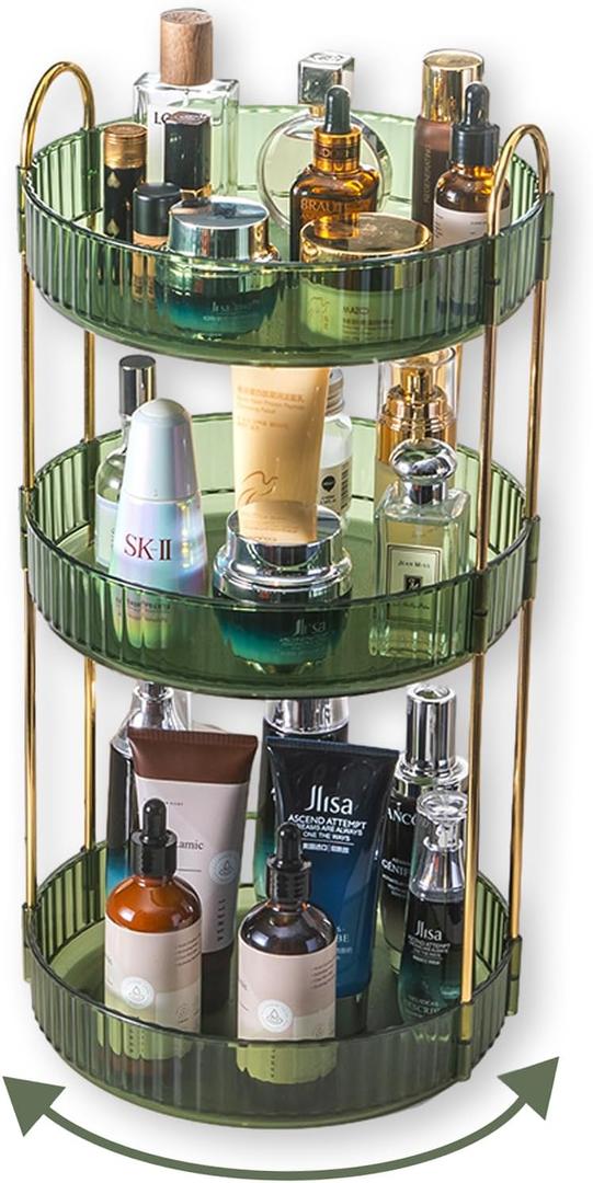 Asayuee 360 Rotating Perfume Organizer,3 Tier Large Capacity Make Up Organizers and Storage,Makeup Organizer for Bathroom,Cosmetic Perfume Stand Holder (Green-3 Tier)