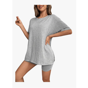 SweatyRocks Women's 2 Piece Lounge Set Split Short Sleeve Tee Tops and Shorts Pajama Set L (Grey)