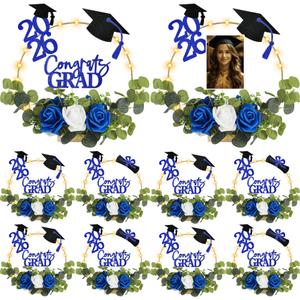 Yunsailing 8 Set 2026 Graduation Centerpiece Class of 2026 Table Photo Display Stand Decor with 8 Hoop Centerpiece 16 Toppers 48 Artificial Flowers and Leaves for Grad DIY Craft Party(White and Blue)