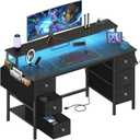 Lufeiya Gaming Desk with LED Lights and Power Outlets, 47 inch Computer Desk with Fabric Drawers & Storage Shelves, Home Office Desk with Monitor Stand, Black